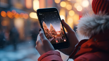 Close-up of a smartphone in female hands with a photograph of a Christmas, festively decorated street. Selective focus. Gadgets, photographs, New Year holidays - obrazy, fototapety, plakaty
