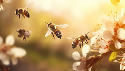 Close-up of bees and honeycombs in sunset light ,spring concept - obrazy, fototapety, plakaty