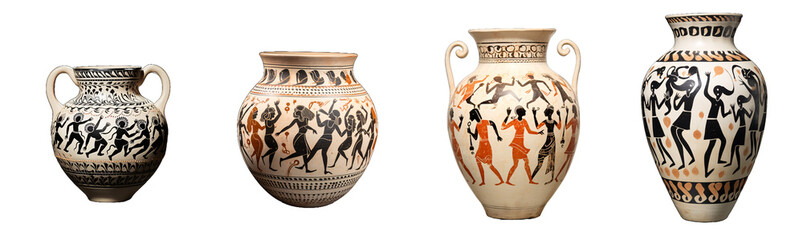Set of Ancient ceramic Greek vases depicting people dancing and celebrating all together, collection of antique amphorae isolated on transparent white background - obrazy, fototapety, plakaty