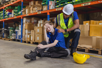 Warehouse women worker feel down, accident injury and hurt girl crying friend supervisor help...