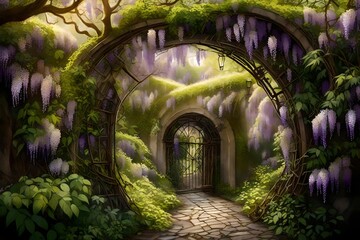 A natural archway of blooming wisteria vines, creating a whimsical entrance to a hidden corner of...