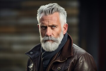 Portrait of a handsome senior man with grey beard and mustache wearing leather jacket.