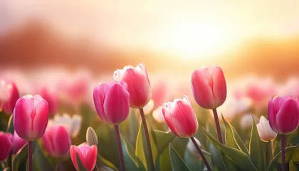 Gordijnen Tulips on the background of sunset in a field ,spring concept © terra.incognita