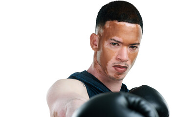 Man with vitiligo, portrait and boxing for fight, self defense or training isolated on a...