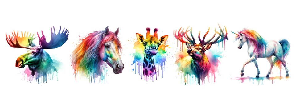 Watercolor picture of moose, giraffe, horse, deer, unicorn. Rainbow color. AI generated