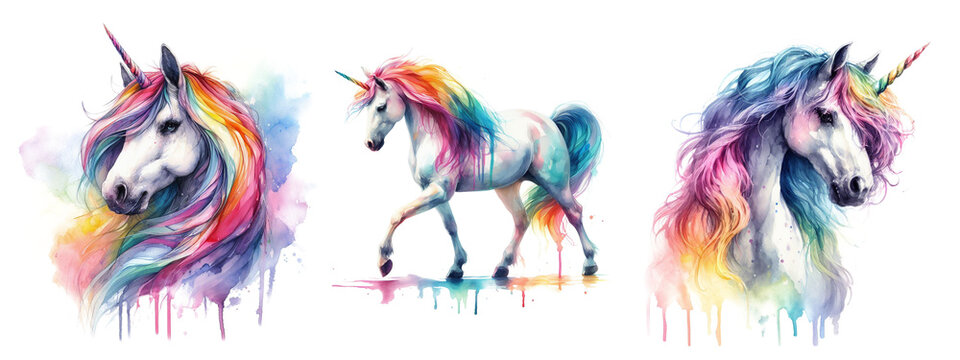 Watercolor picture of unicorn . Rainbow color. AI generated