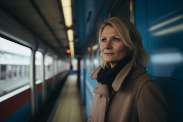 Portrait of a beautiful blonde woman on the platform of a train station
