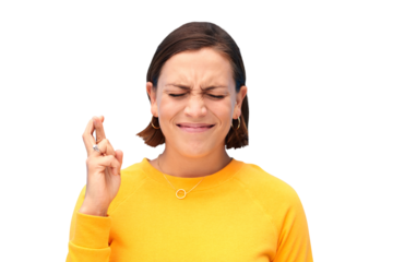Fingers crossed, praying and face of nervous woman waiting for good luck, results and isolated on transparent png background. Model, worry and hope with emoji sign for bonus, lottery prize and winner