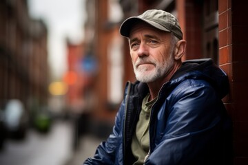 Portrait of a senior man in a cap and jacket in the city
