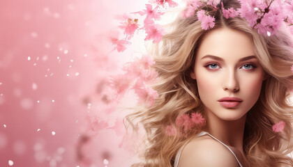 Beauty portrait of woman with flowers on pink background ,spring concept
