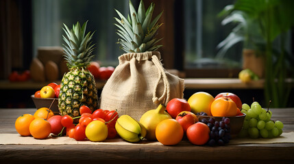 Fresh fruits in an eco-bag on the table