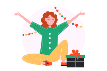 Young woman celebrating Christmas, opening and giving gift boxes Happy New Year, Merry Christmas. Family vacation illustration.