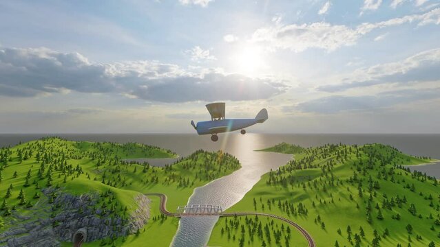 Funny blue toy airplane in cartoon. A small plane is flying on vacation and travel concept. Plastic toy plane above cartoon islands 3D animation. Fantasy wonderland with fairy houses.