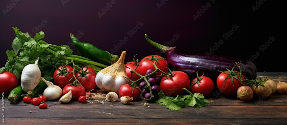 Poster Freshly harvested vegetables and herbs on the table Copy space image Place for adding text or design