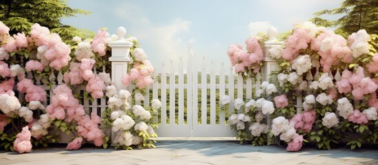 Flowering plants surround a white fence and gate in a botanical garden Copy space image Place for adding text or design