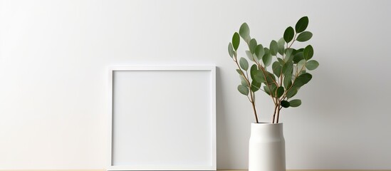 Eucalyptus plant in vase accentuates blank frame on white wall for artwork or print Copy space image Place for adding text or design