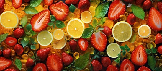 Fruity design with citrus leaves and strawberries Copy space image Place for adding text or design - obrazy, fototapety, plakaty