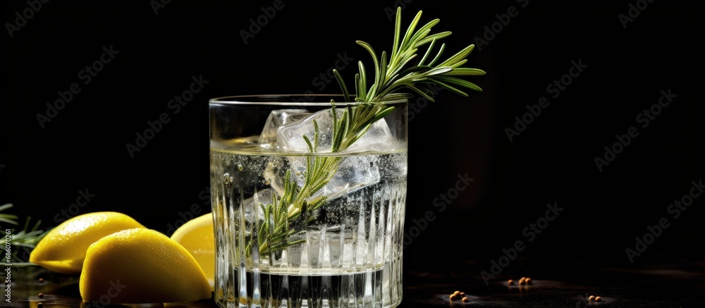 Aufkleber Gin and tonic cocktail with lemon slices and rosemary on black background Copy space Copy space image Place for adding text or design