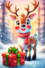 Merry christmas and happy holidays greeting card. Cute reindeer with gifts for a happy Christmas and New Year.