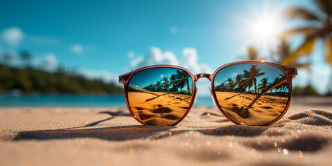 Pair of sunglasses reflecting tropical beach on the sea coast, vacation and travel concept
