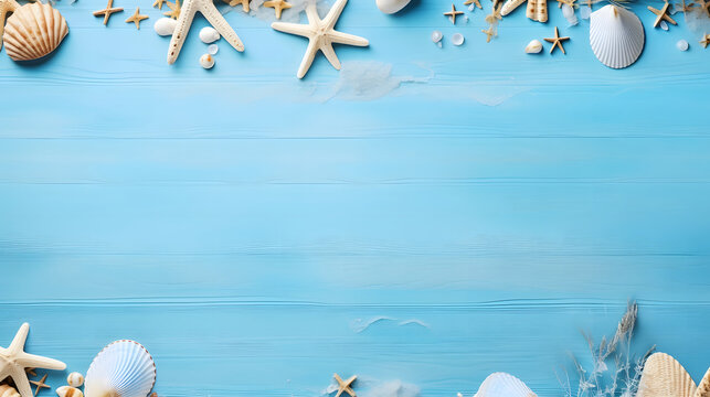 beach accessories on blue pink summer holiday banner copy space.