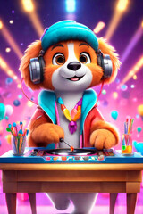 Fototapeta premium Portrait adorable animal DJ at the disco on headphones with mixing table setup. Cartoon animation character, anime style, 3d illustration.