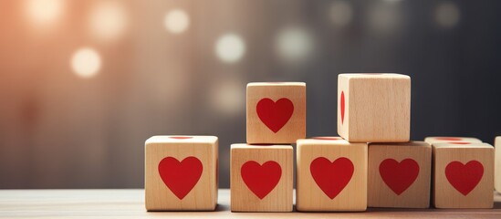 Enhancing customer loyalty through engagement relationships brand awareness and sales Wooden cube blocks with heart and loyalty symbol on a background Copy space image Place for adding text or - obrazy, fototapety, plakaty