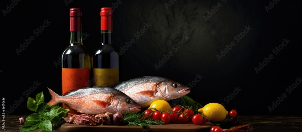 Poster Fresh seafood two fish wine black chalkboard Copy space image Place for adding text or design