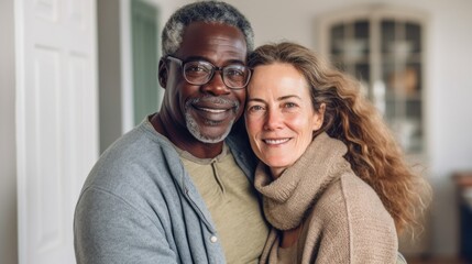 In their serene home, a 50-year-old couple expresses love through an embrace.