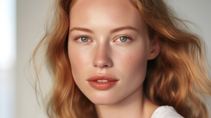 Fototapeta premium Soft lips and defined brows enhance her delicate features.