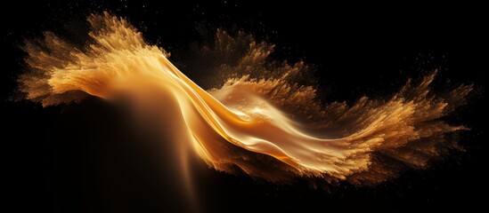 Explosion of fine sand golden grains abstract clouds yellow silica in air galaxy symbol Black background isolated Copy space image Place for adding text or design - obrazy, fototapety, plakaty