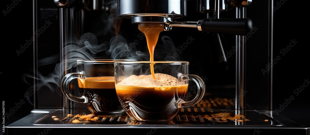 Poster Espresso being poured into coffee machine with black background splash still life Copy space image Place for adding text or design