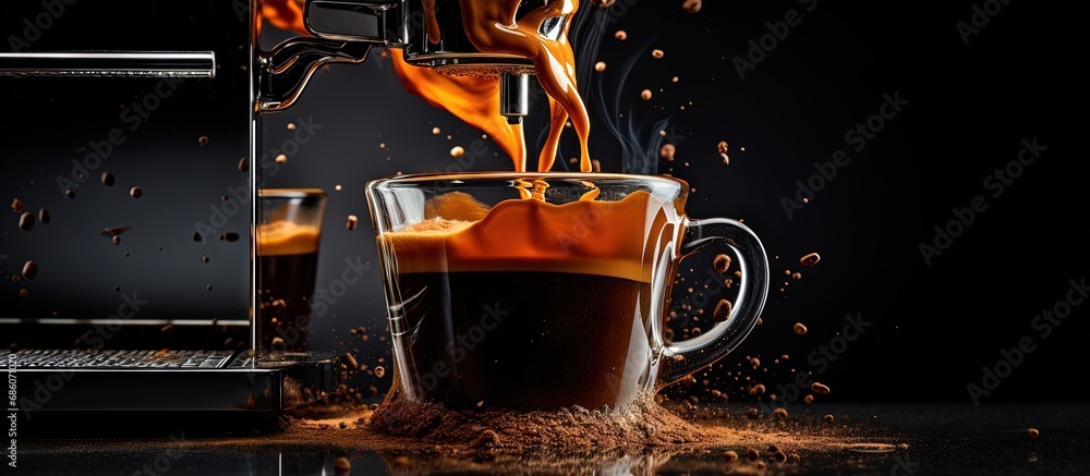 Poster Espresso being poured into coffee machine with black background splash still life Copy space image Place for adding text or design
