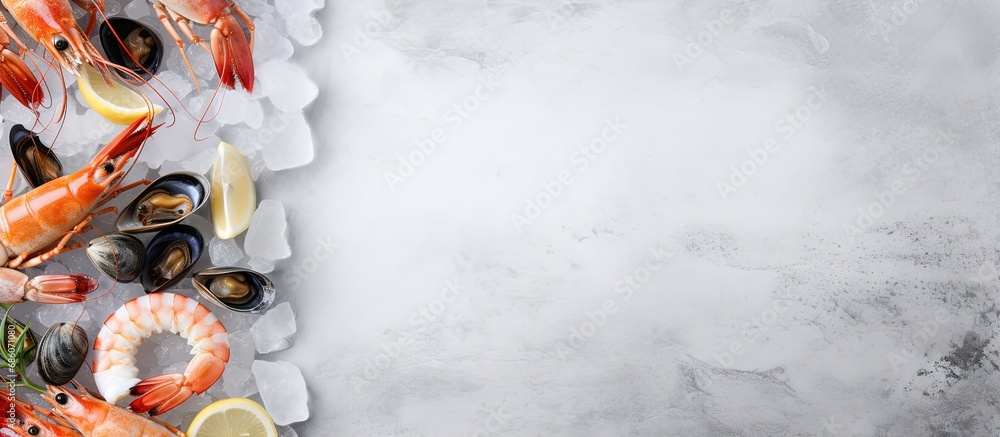 Poster Frozen seafood assortment on gray stone Raw shrimp mussels scallops Empty area for text Copy space image Place for adding text or design