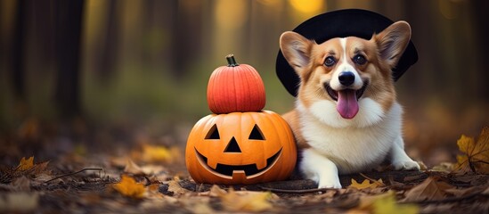 Fancy black hat wearing corgi and striped cat with pumpkin in autumn park Copy space image Place for adding text or design