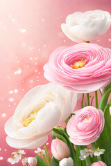 Elegance ranunculus background. Beautiful pink and white ranunculus with bokeh. Perfectly for Birthday, Women's Day, anniversary and Valentine's Day.