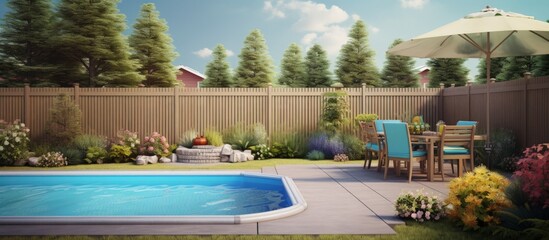 Fenced yard with lovely pool and playground Copy space image Place for adding text or design - obrazy, fototapety, plakaty