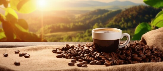 Front view of freshly brewed coffee on a wooden table with plants and a coffee field in the background bathed in sunlight Copy space image Place for adding text or design - obrazy, fototapety, plakaty