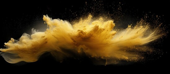 Explosion of small sand wave of golden grains abstract flying cloud yellow silica splash isolated black high speed shot Copy space image Place for adding text or design - obrazy, fototapety, plakaty
