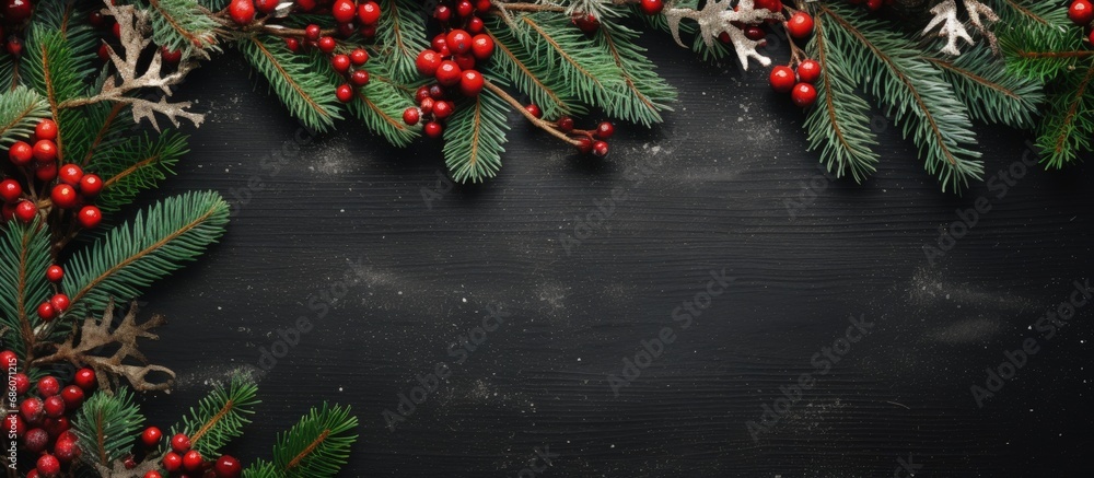 Aufkleber Festive Christmas decorations with fir branches berries and wallpaper Top view copy space Copy space image Place for adding text or design