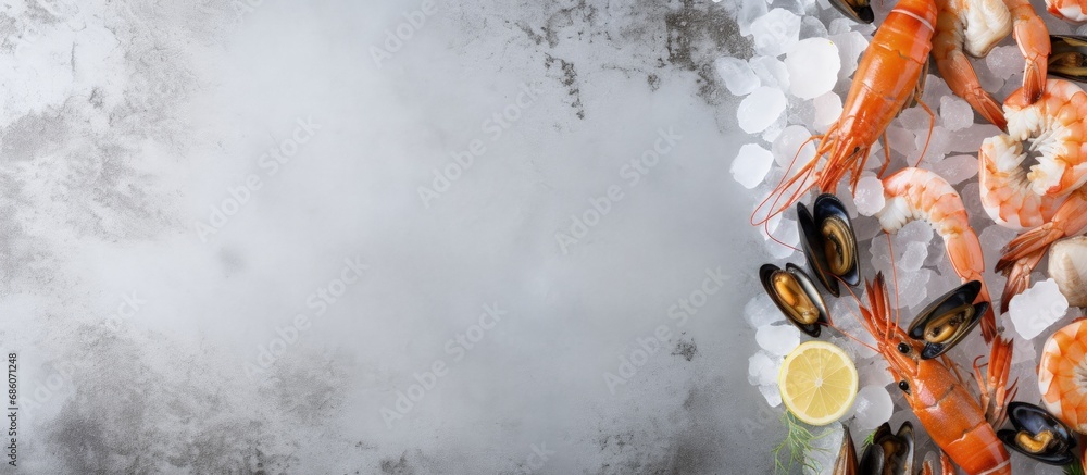 Poster Frozen seafood assortment on gray stone Raw shrimp mussels scallops Empty area for text Copy space image Place for adding text or design