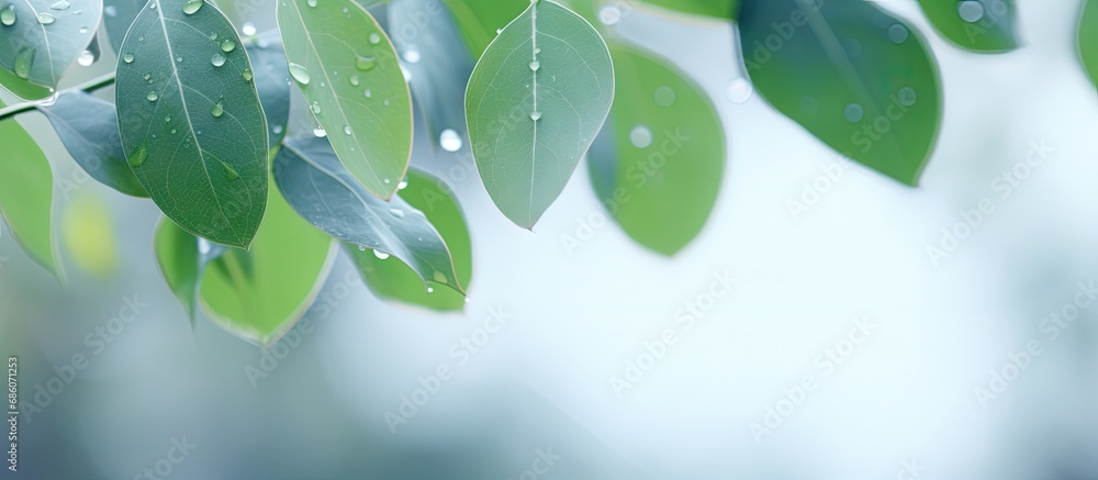 Poster Eucalyptus leaves in rain Copy space image Place for adding text or design