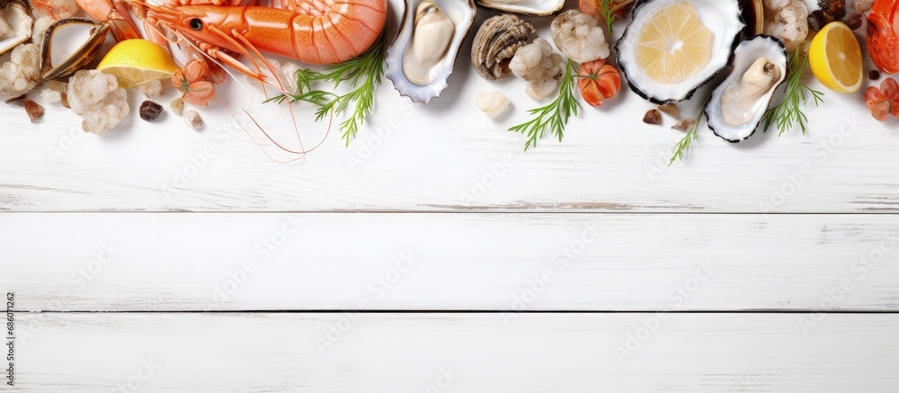 Poster Fresh seafood assortment on a white wooden background Top view Free space available Copy space image Place for adding text or design