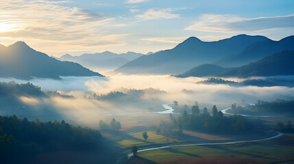 beautiful landscape of mountain layer in the morning sunrise. - obrazy, fototapety, plakaty
