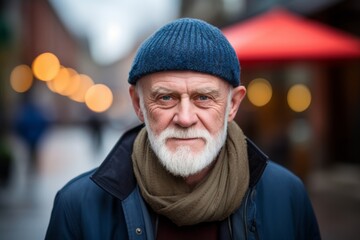 Portrait of senior man with grey beard and hat in the city.