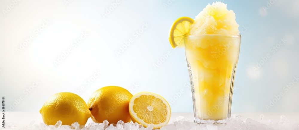 Aufkleber Front view of a tall glass with lemon slush fruit and crushed ice on a white table with an isolated background Copy space image Place for adding text or design