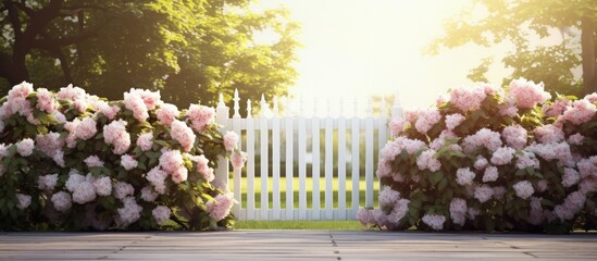 Flowering plants surround a white fence and gate in a botanical garden Copy space image Place for...