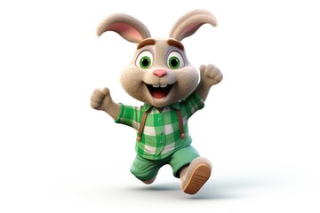 A cartoon bunny running with his arms in the air.