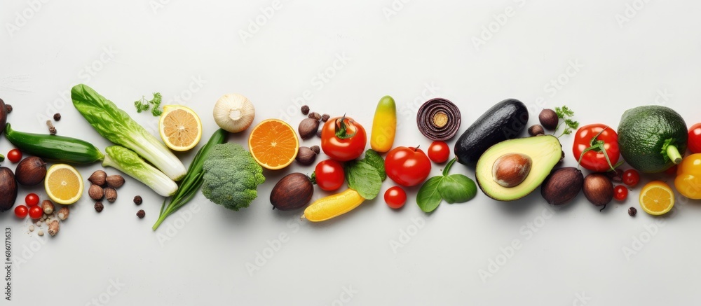 Poster Fresh organic vegetables fruits and beans on a light gray background Top view Copy space image Place for adding text or design