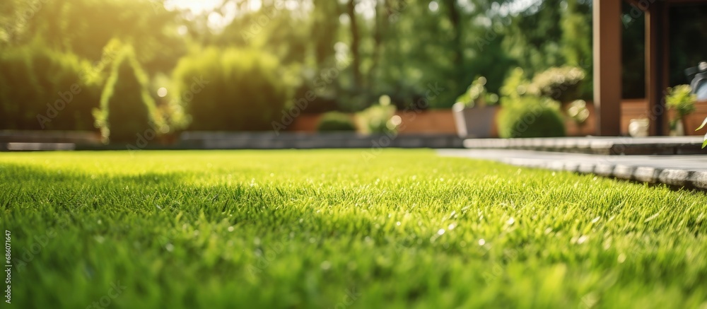 Aufkleber garden home with green grass turf for lawn landscaping copy space image place for adding text or des